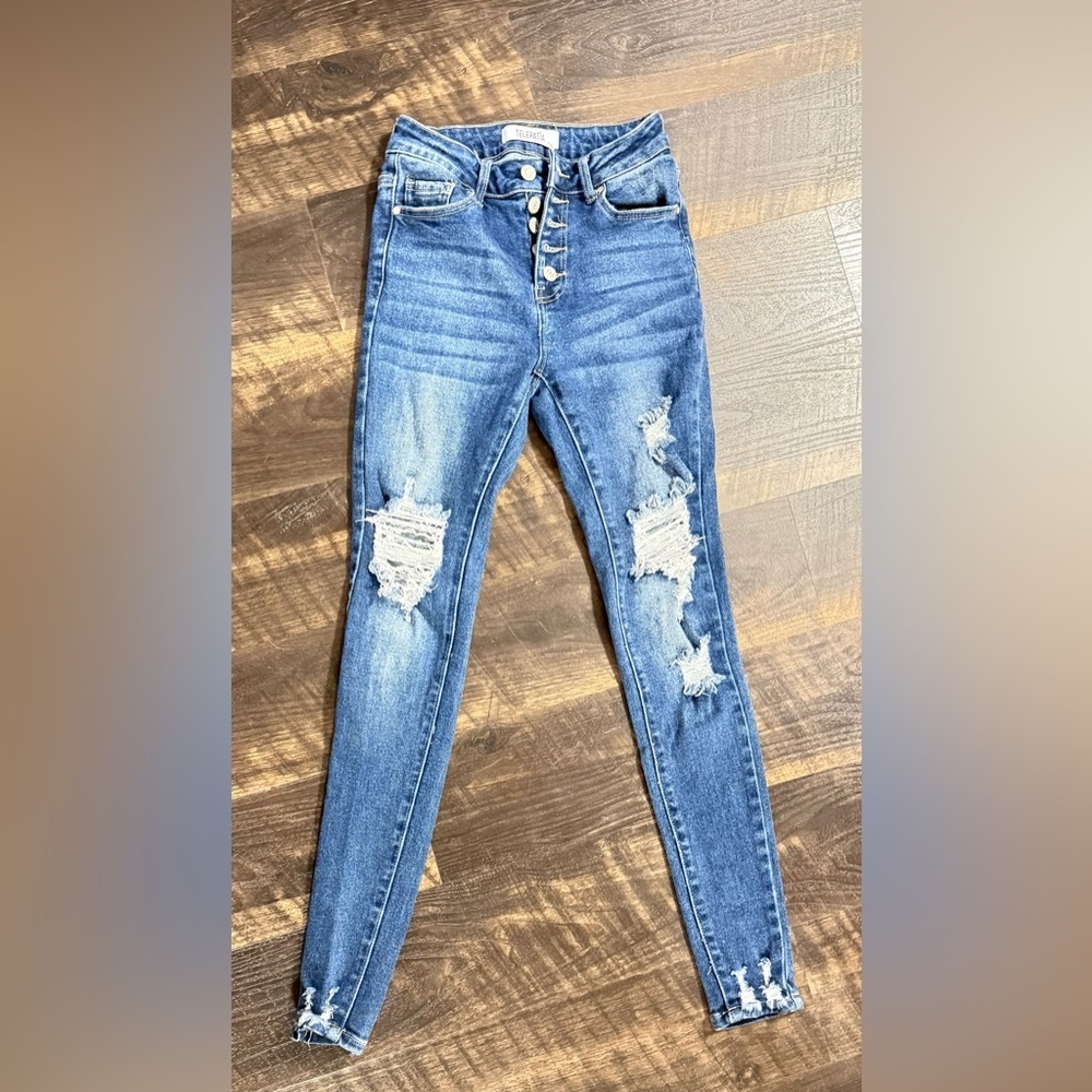 Trendy Blue Distressed Skinny Jeans - Picture 1 of 6